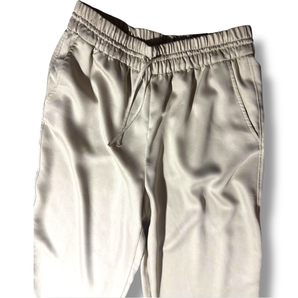 H&M Beige/Cream Soft Comfy High Drawstring Waist Satin Cropped Trousers - Picture 11 of 13